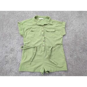 Mustard Seed Romper‎ Womens Small Green Short Sleeve Button Up Tie Waist Pockets